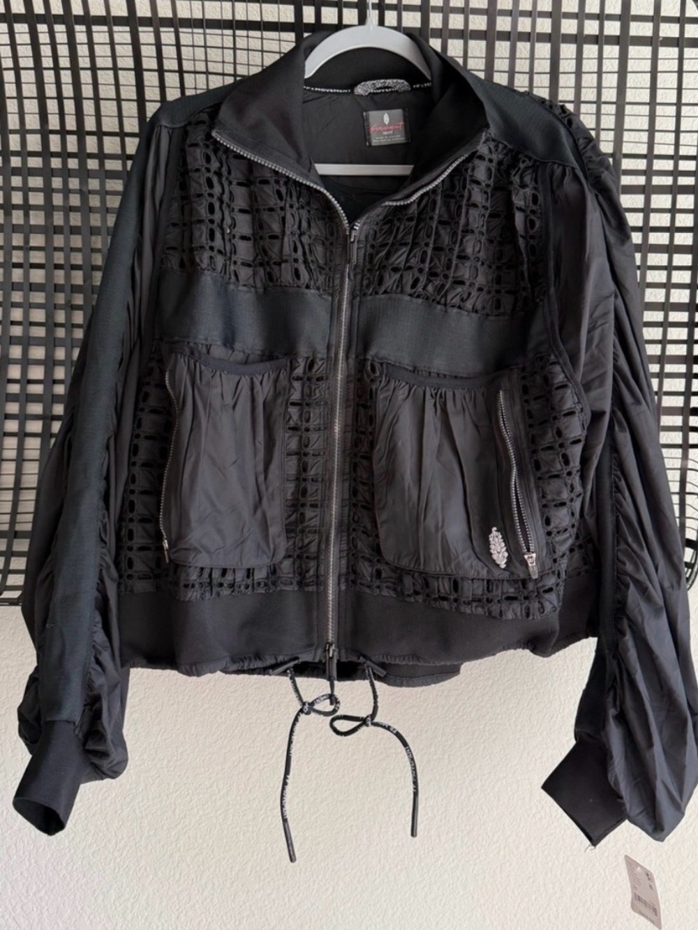 Free People Black Lace-Panel Zip-Front Bomber Jacket (eyelit detail)